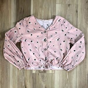 Girls Pink Floral Button Front Long Sleeve Shirt Crop Top Style by H&M sz 12